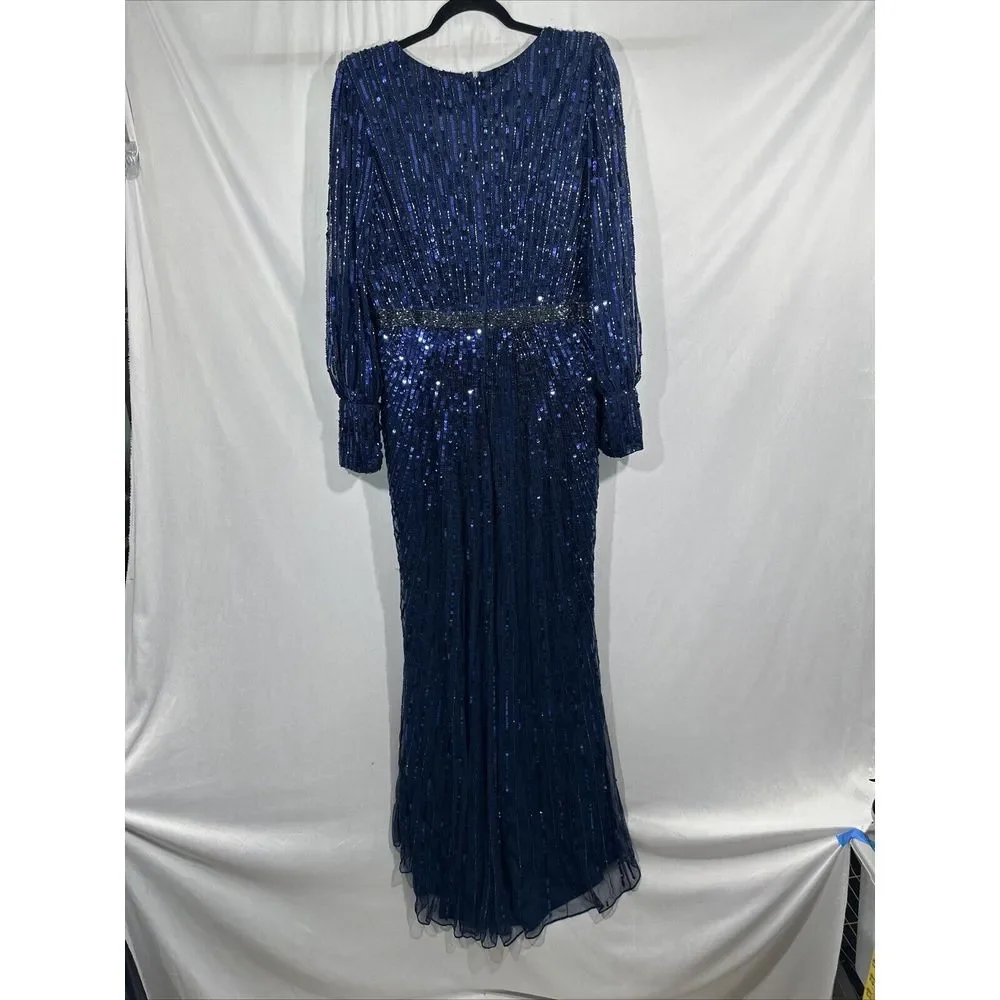 NWT $598 Mac Duggal [ 12 ]‎ 5501 Sequined Wrap Over Bishop Sleeve Gown Blue - Picture 14 of 16